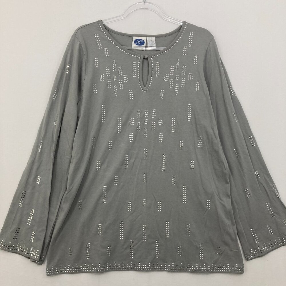 Diane Gilman size XL Gray Embellished Key Hole Detail Pullover Blouse Evening